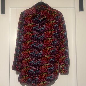 NY & Co Love script black collared shirt-med-Valentines Day- New York & Company